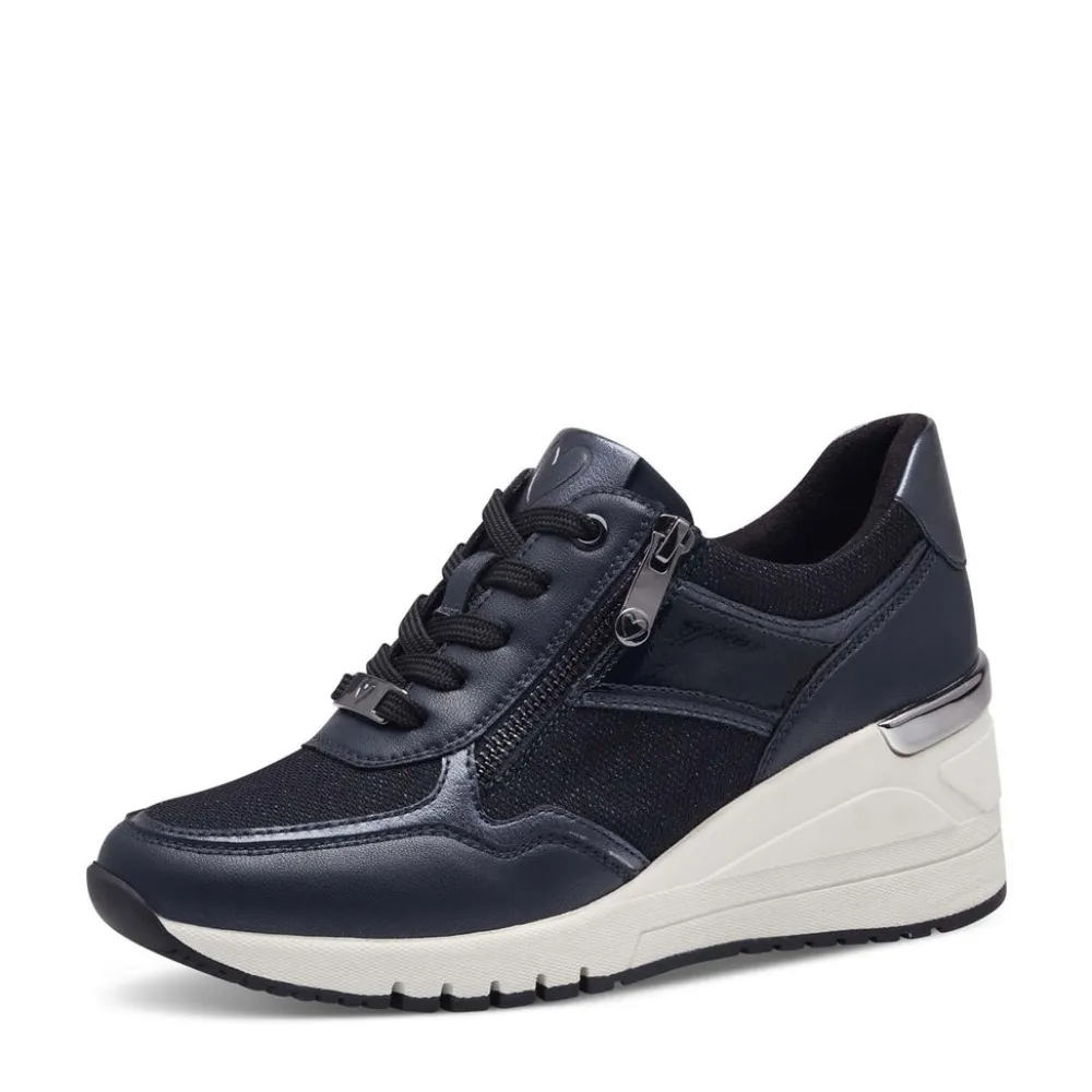 Cinders Shoe Heaven Trainers | Wedge*Marco Tozzi Wedge Laced Trainer Navy