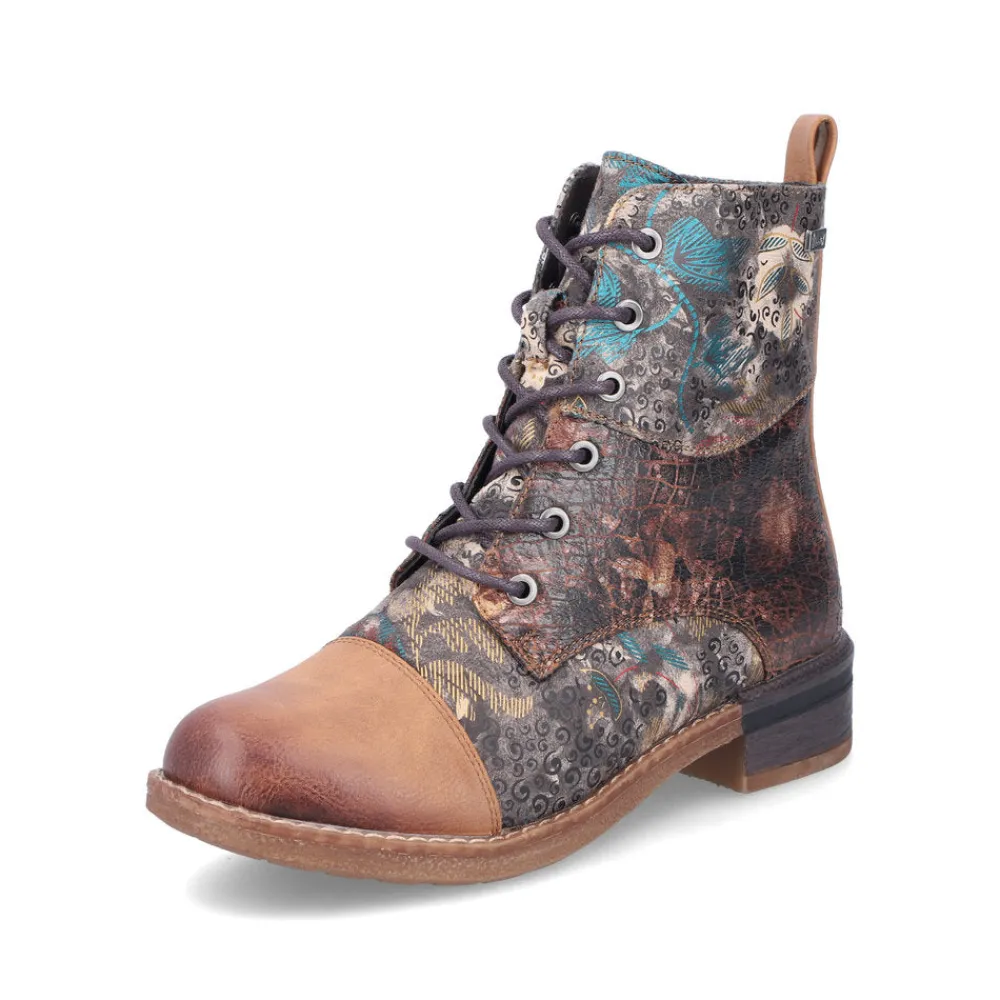 Cinders Shoe Heaven Ankle*Rieker Laced Ankle Boots Floral Tan Multi