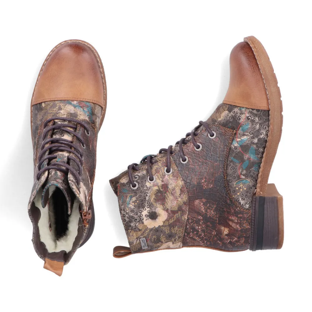 Cinders Shoe Heaven Ankle*Rieker Laced Ankle Boots Floral Tan Multi