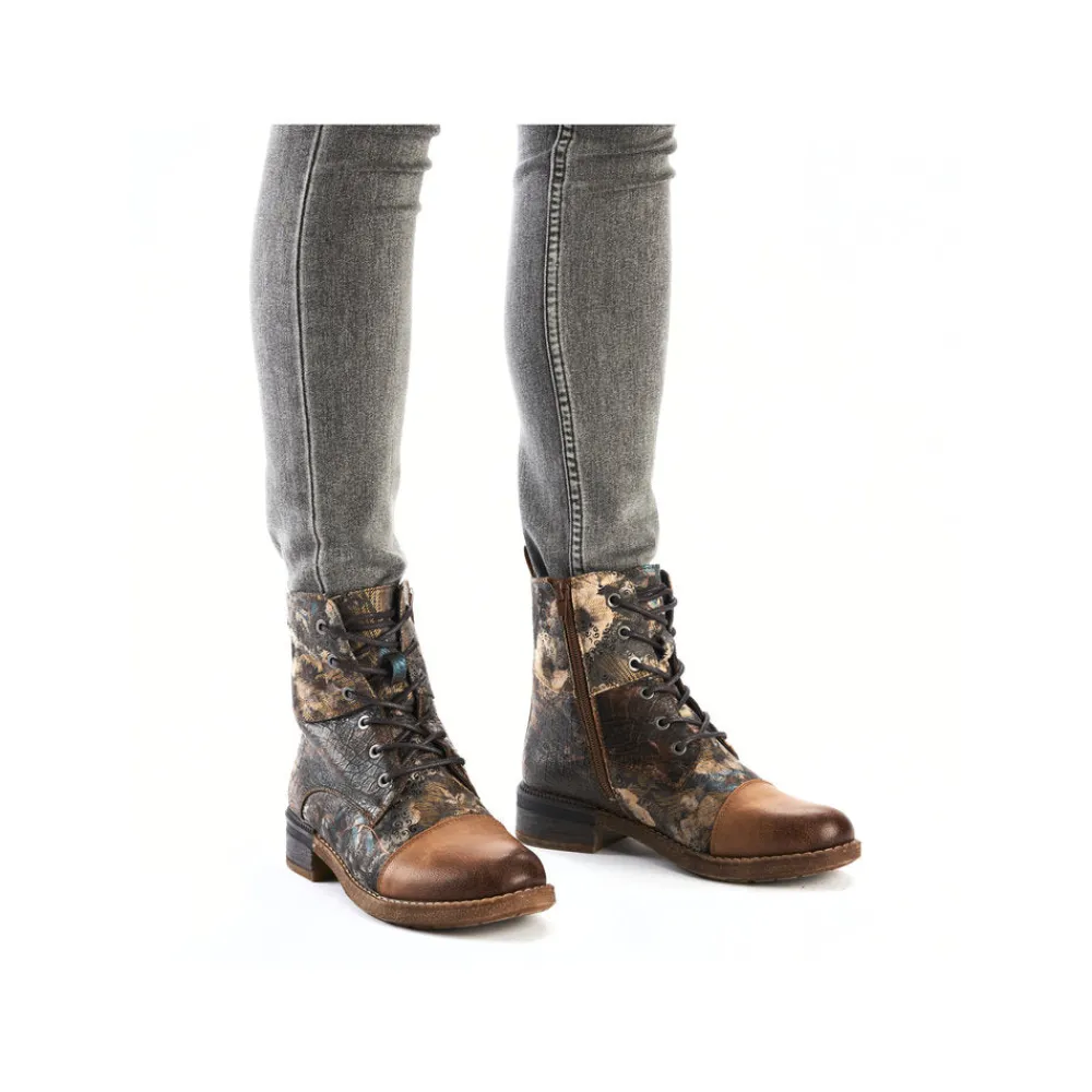 Cinders Shoe Heaven Ankle*Rieker Laced Ankle Boots Floral Tan Multi