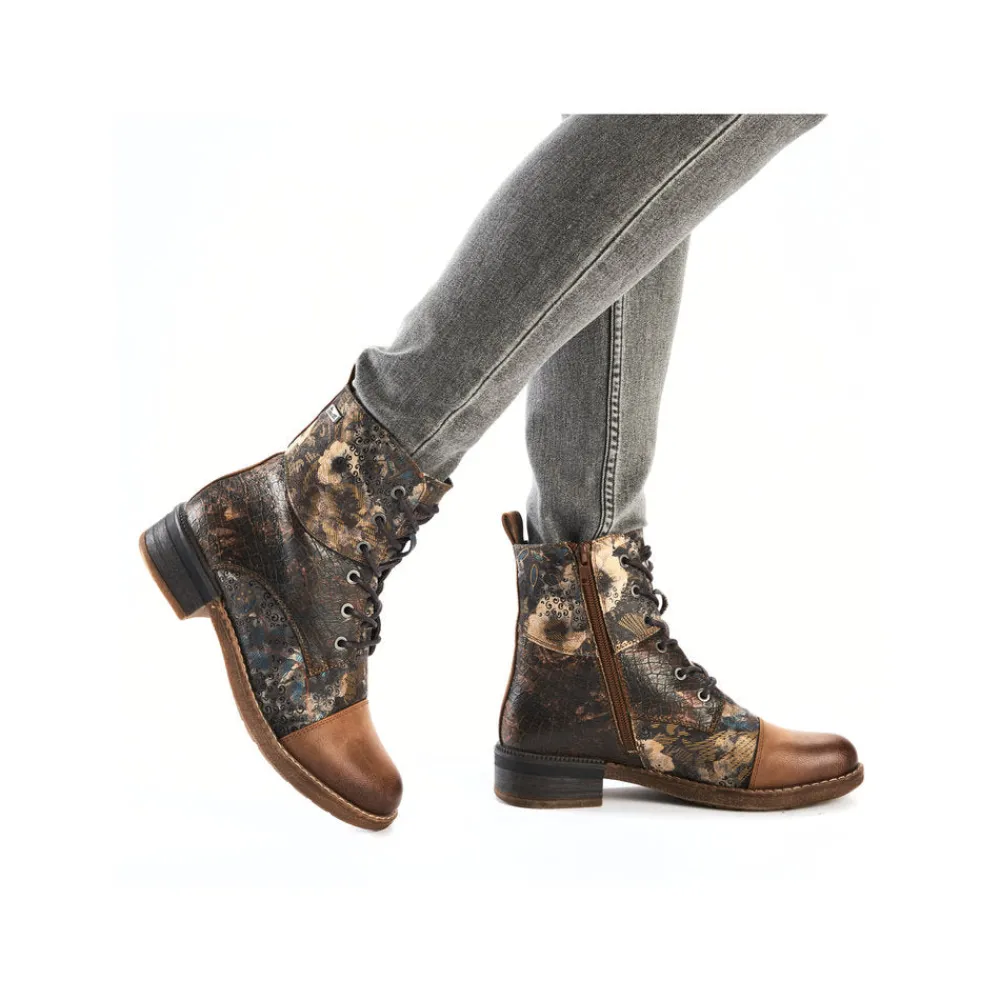 Cinders Shoe Heaven Ankle*Rieker Laced Ankle Boots Floral Tan Multi