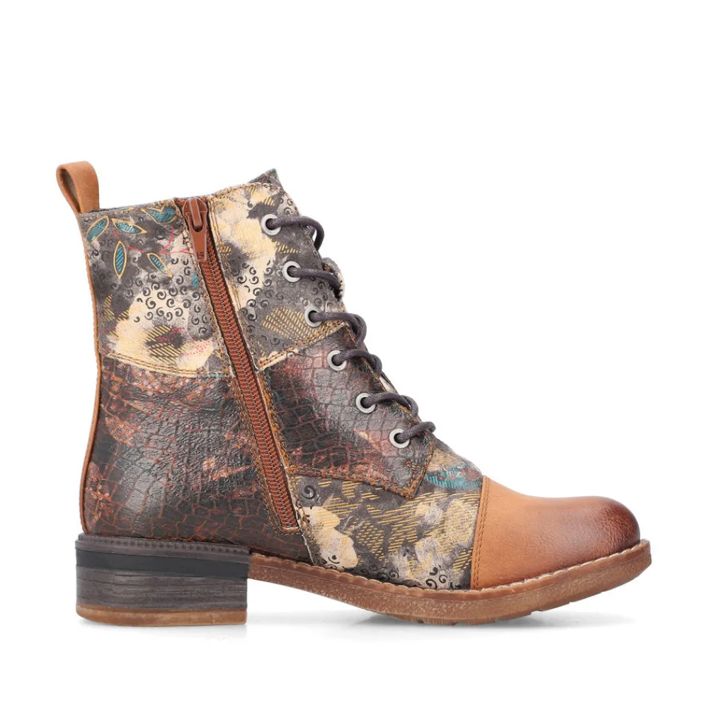 Cinders Shoe Heaven Ankle*Rieker Laced Ankle Boots Floral Tan Multi