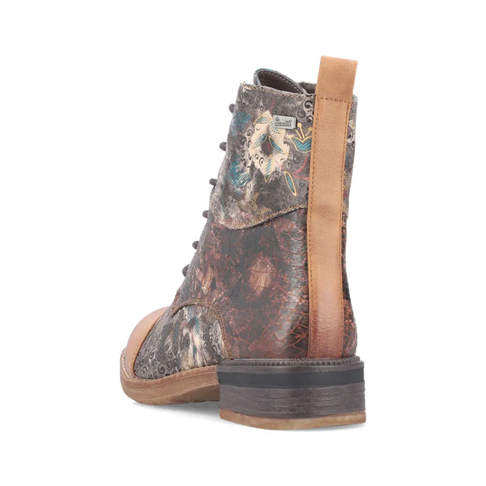 Cinders Shoe Heaven Ankle*Rieker Laced Ankle Boots Floral Tan Multi
