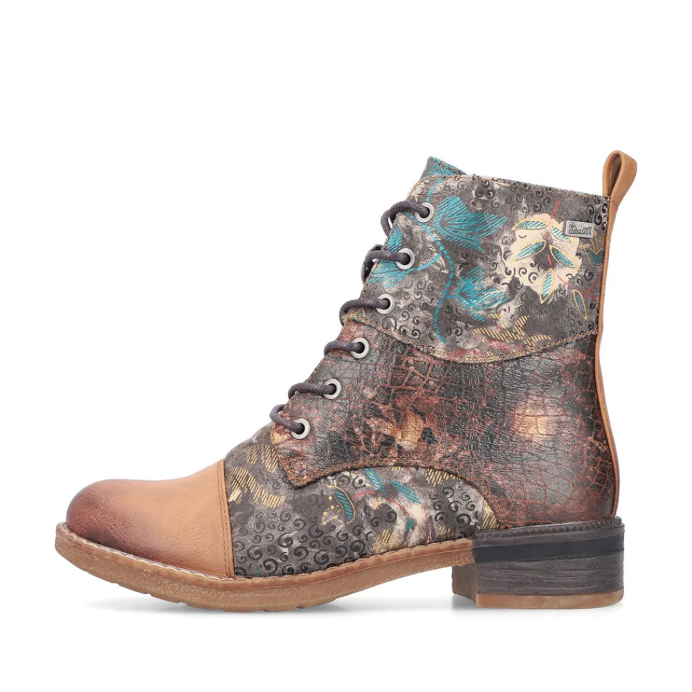 Cinders Shoe Heaven Ankle*Rieker Laced Ankle Boots Floral Tan Multi