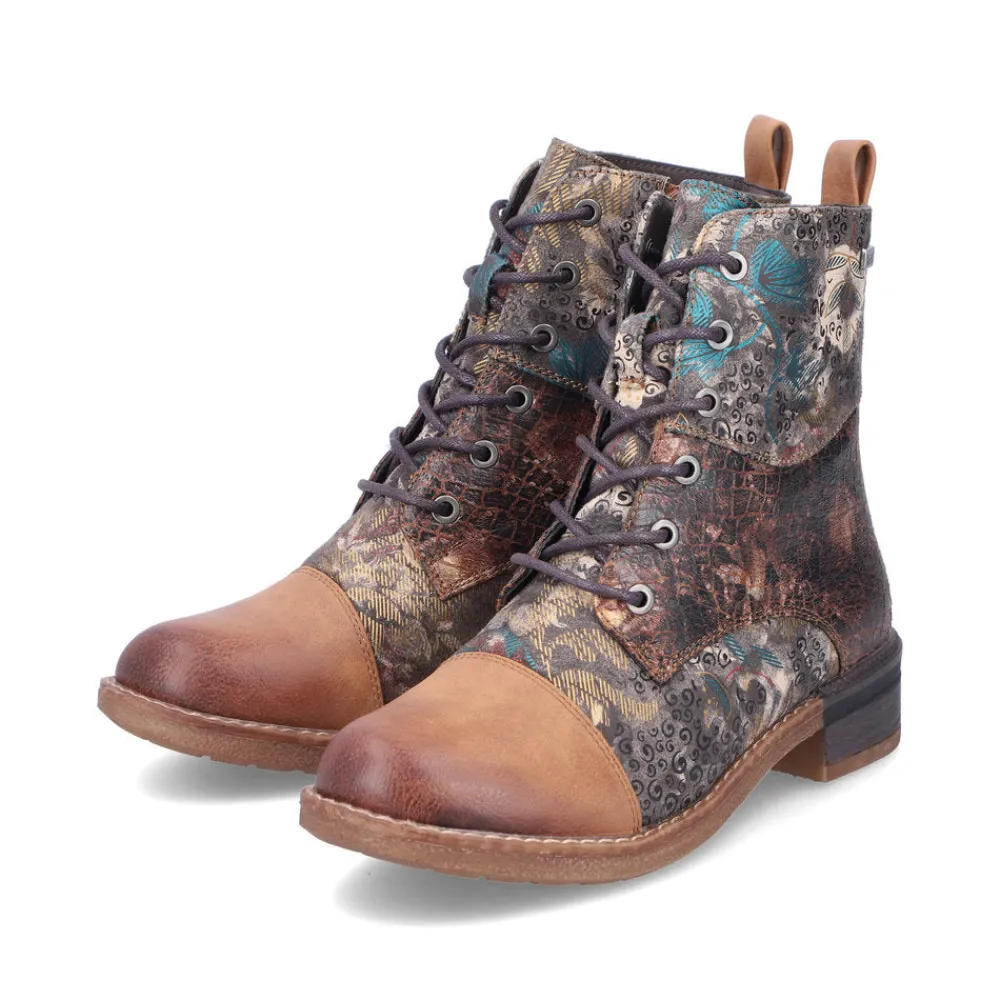 Cinders Shoe Heaven Ankle*Rieker Laced Ankle Boots Floral Tan Multi