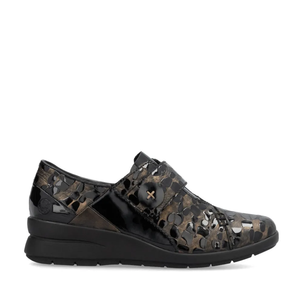 Cinders Shoe Heaven Wedge*Rieker Velcro Wedge Shoe Black/Bronze Patent Comb