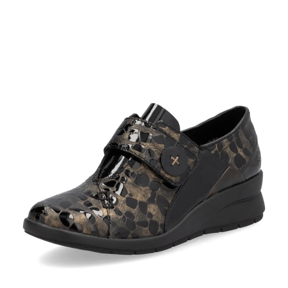 Cinders Shoe Heaven Wedge*Rieker Velcro Wedge Shoe Black/Bronze Patent Comb