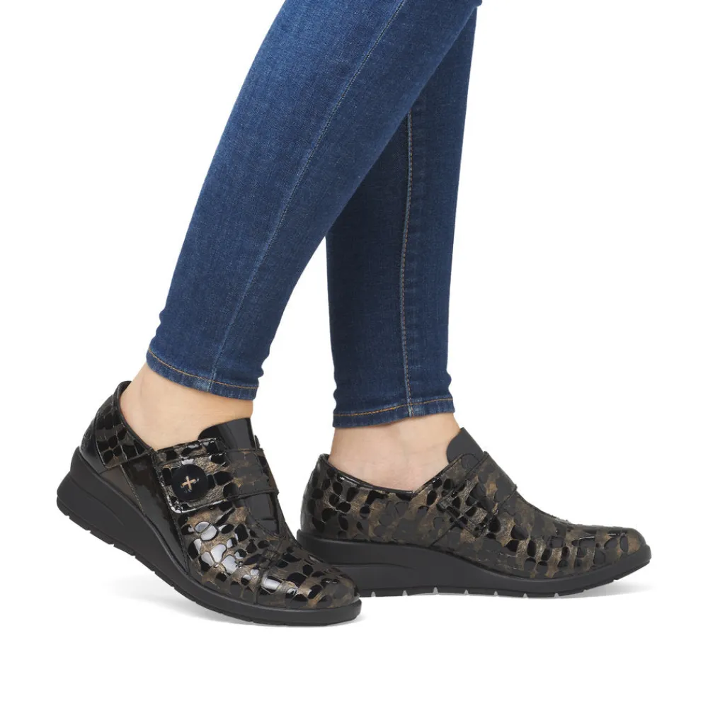 Cinders Shoe Heaven Wedge*Rieker Velcro Wedge Shoe Black/Bronze Patent Comb