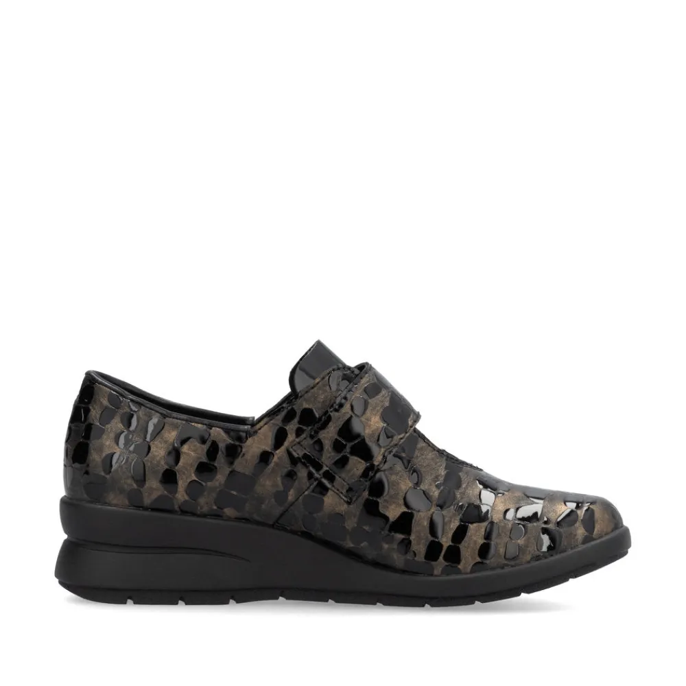 Cinders Shoe Heaven Wedge*Rieker Velcro Wedge Shoe Black/Bronze Patent Comb