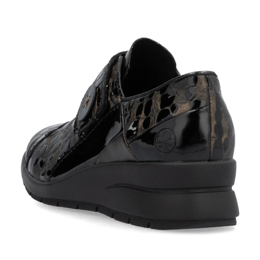 Cinders Shoe Heaven Wedge*Rieker Velcro Wedge Shoe Black/Bronze Patent Comb