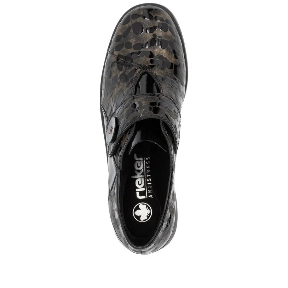 Cinders Shoe Heaven Wedge*Rieker Velcro Wedge Shoe Black/Bronze Patent Comb