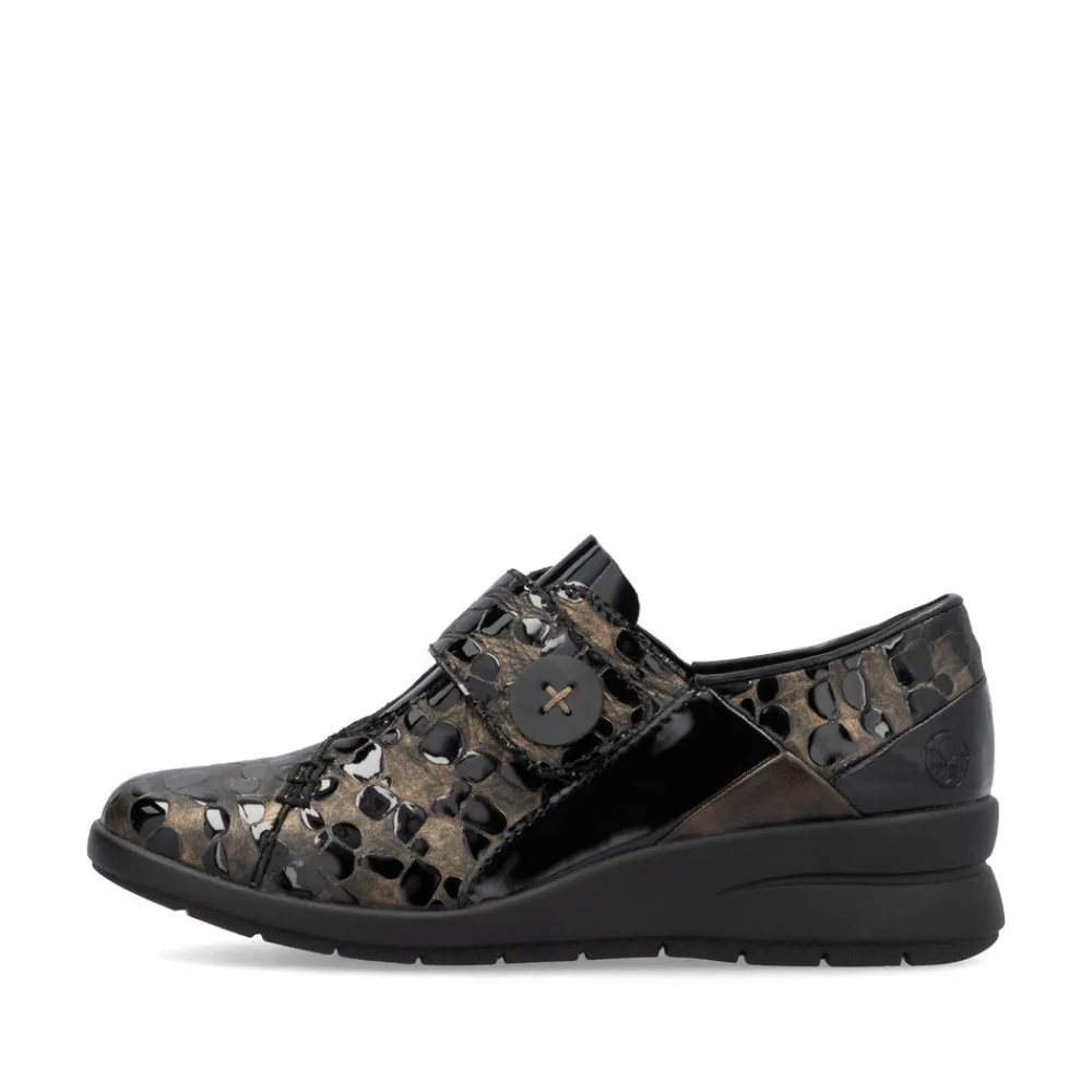 Cinders Shoe Heaven Wedge*Rieker Velcro Wedge Shoe Black/Bronze Patent Comb