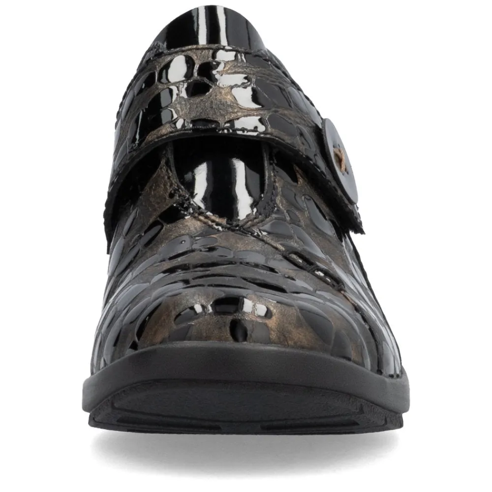 Cinders Shoe Heaven Wedge*Rieker Velcro Wedge Shoe Black/Bronze Patent Comb