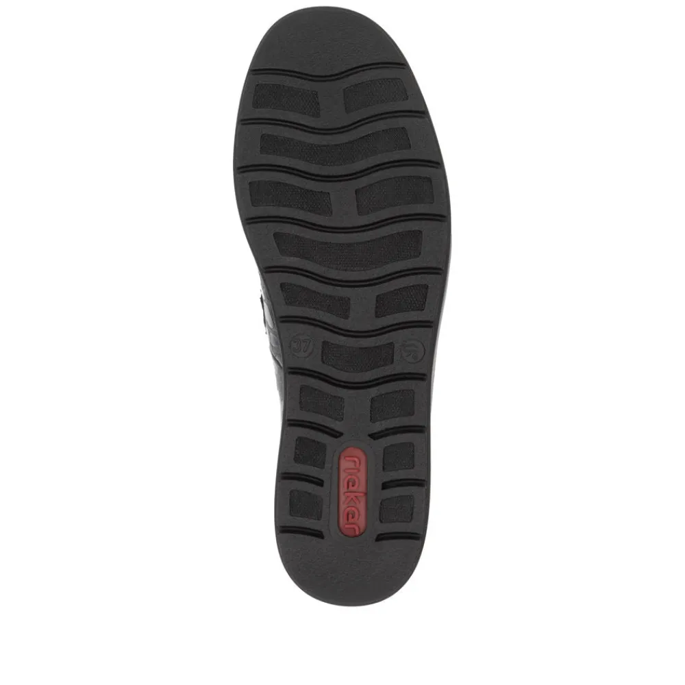 Cinders Shoe Heaven Wedge*Rieker Velcro Wedge Shoe Black/Bronze Patent Comb