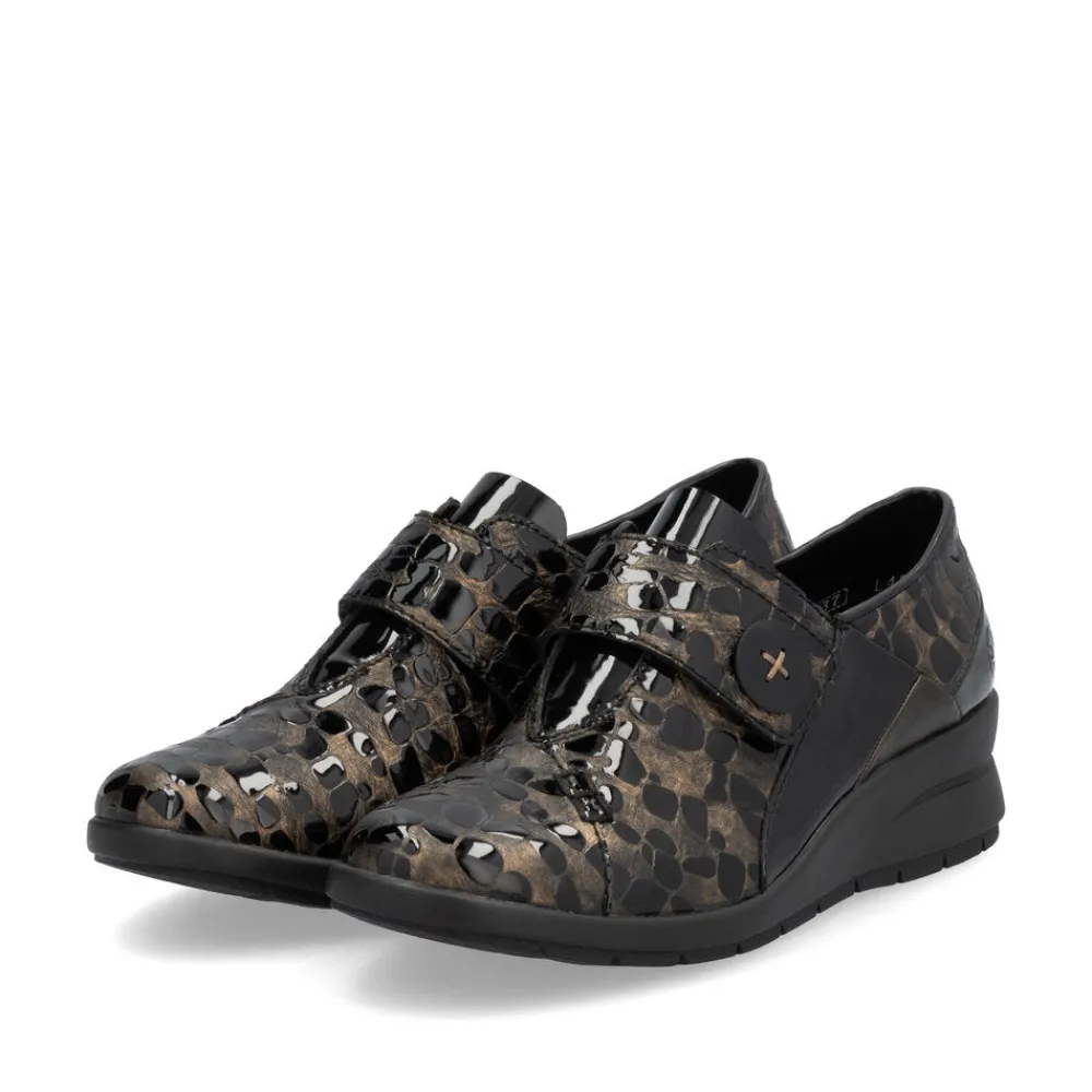 Cinders Shoe Heaven Wedge*Rieker Velcro Wedge Shoe Black/Bronze Patent Comb