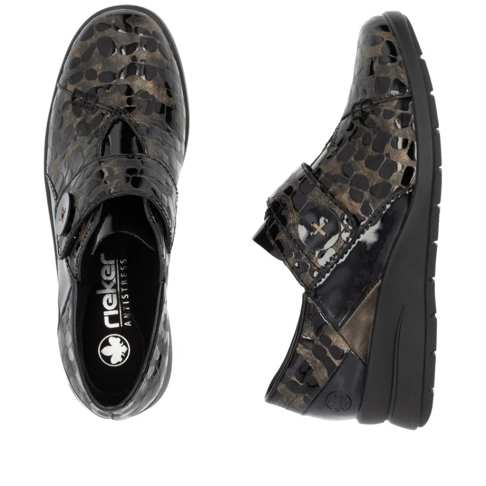 Cinders Shoe Heaven Wedge*Rieker Velcro Wedge Shoe Black/Bronze Patent Comb