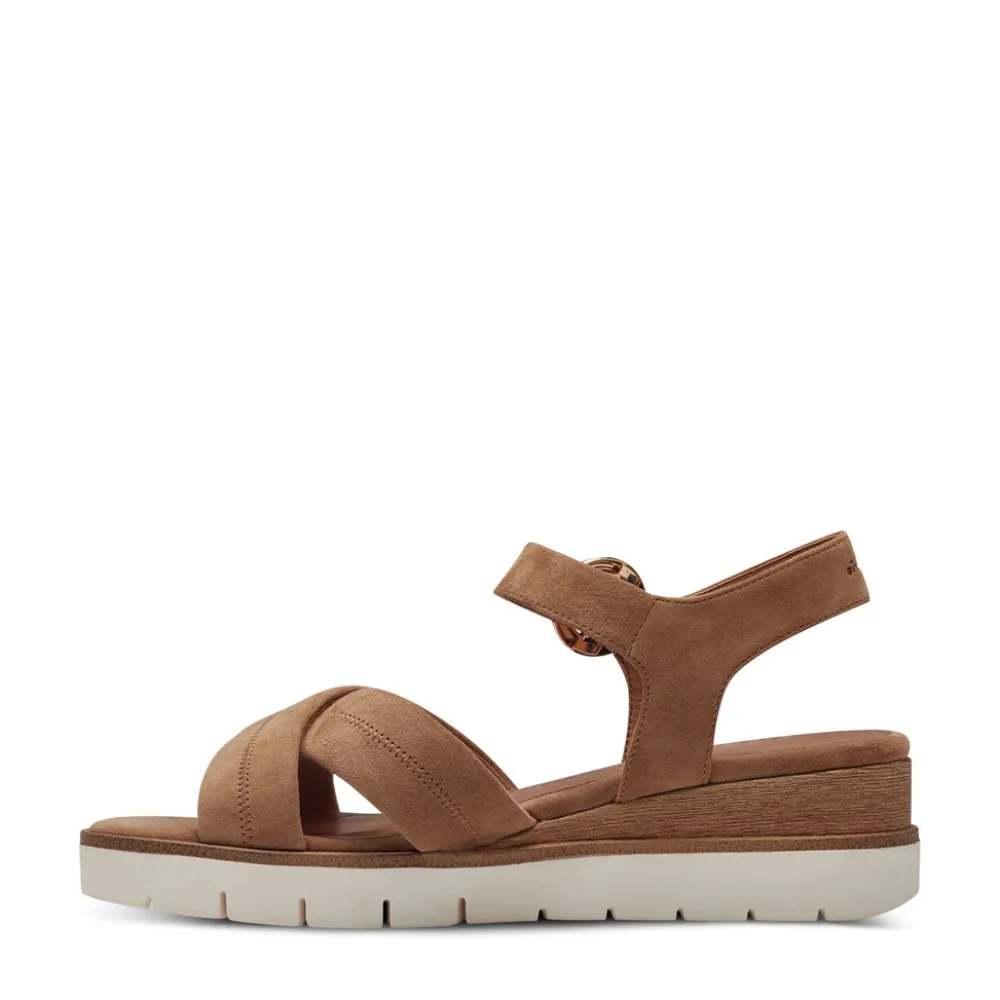 Cinders Shoe Heaven Wedge Sandals*Tamaris Strappy Leather Sandal Camel