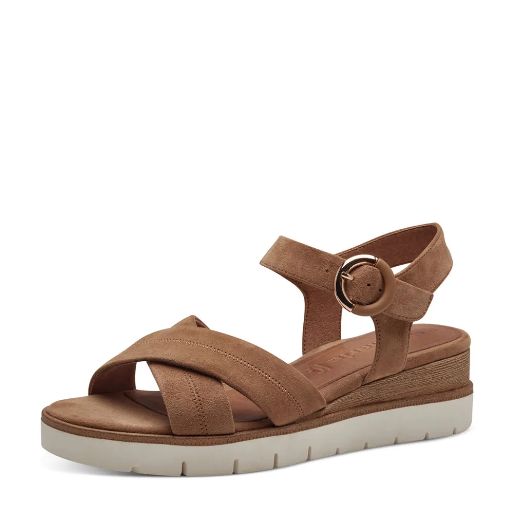 Cinders Shoe Heaven Wedge Sandals*Tamaris Strappy Leather Sandal Camel